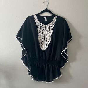 Studio Y Medium Black‎ and White Boho Peplum Blouse Crochet Lace Pom Pom Top